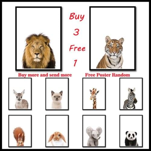 Various Baby Animal White Coated Paper Poster Giraffe tiger Lion Elephant Rabbit Nordic Picture Kids Room Decoration Frameless