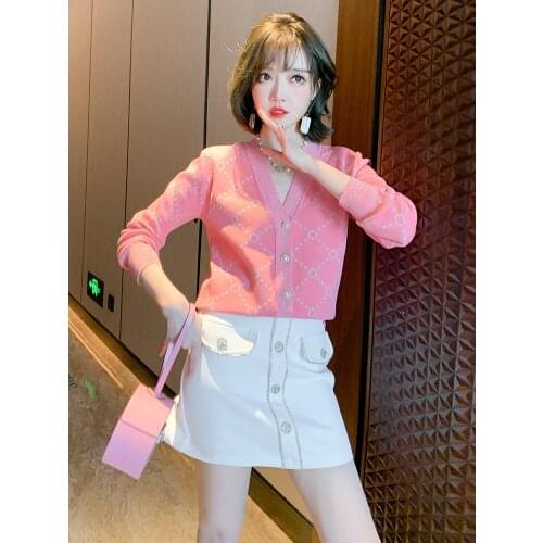 Pink V Collar pin bead knitted cardigan+AFigure skirt small suit womens wear 2021 Spring new High Quality Top Quality