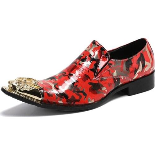 Handmade Rock Mens Shoes Metal Pointed Toe Red Genuine Leather Men Dress Shoes Oxford Flats Painted Party Shoes Sapatos