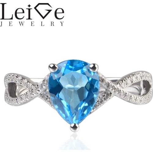Leige Jewelry Genuine Swiss Blue Topaz Gemstone Prong Setting Pear Cut Blue Gemstone Ring Romantic Gift For Girls 925 Silver