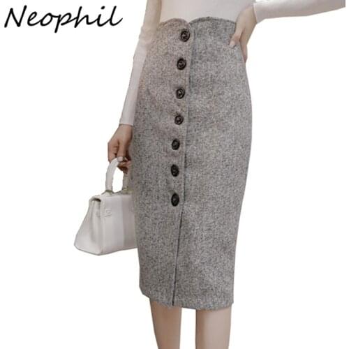 Neophil High Waist Woolen Button Pencil Midi Skirts Office Ladies Office Elegant Grey 2020 Winter Wool Wrap Skirts Faldas S1738