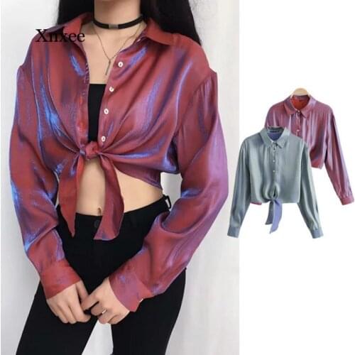 Womens Short Shirt New Mermaid Shining Female Shirt Sexy Long Sleeve Crop Top 2021 Fashion Spring Summer Party Loose Lady Tops