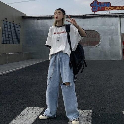 GOOHOJIO 2020 New Hole Vintage Harajuku Straight Denim Streetwear High Waist Women Jeans Wide Leg Denim Pants Women Trousers