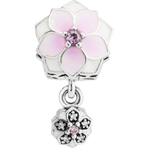 Magnolia Bloom Pink Charm Woman DIY Popular Jewelry Fit original 925 Silver Bracelet & Bangle Silver Beads For Jewelry Making
