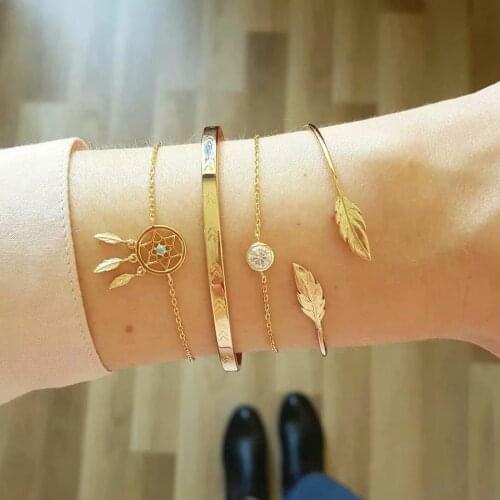 HOCOLE 4 Pcs 2019 Vintage Gold Metal Chain Bracelet Sets For Women ZA Leaf Crystal Pendant Bangle Bracelet Female Charm Gift