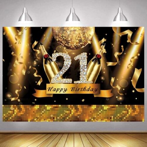 Gold 21th Photo Backdrop Girls Boy Champagne Happy Birthday Party Light Flower Decoration Photography Backgrounds Banner