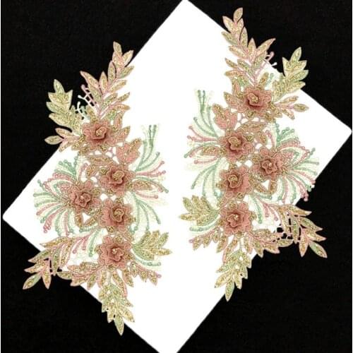 1Pairs Pink Flash Powder 3D Flower Lace Collar DIY Fabric Neckline Embroidery Craft Material Clothing Dress Sewing Accessories