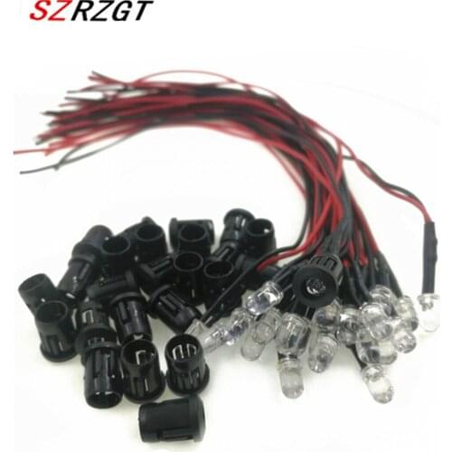 10-100pcs 3mm/5mm Red/Green/Blue/RGB 12V DC Round Pre-Wired Water Clear LED With Plastic Holder