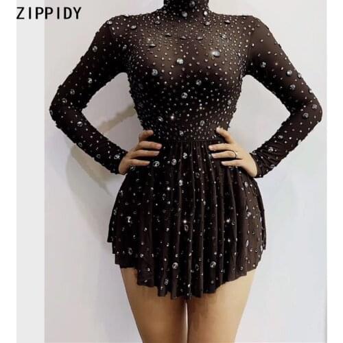Black Rhinestones Transparent Dress Bar Women Dance Show High Collar Outfit Birthday Celebrate Prom Short Dress