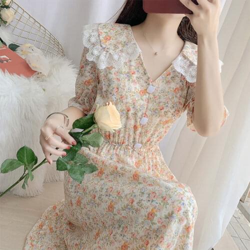 Floral Print Half Sleeve Doll Collar Patchwork Tea-length A-line Slim Waist Elegant Chiffon Summer Holiday Cocktail Dress 9838
