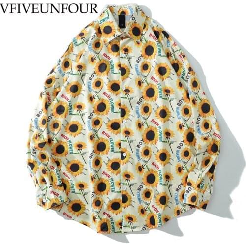 VFIVE UNFOUR Hawaiian Beach Shirts Flowers Print Floral Party Holiday Oversized Shirt Streetwear Mens Hip Hop Long Sleeve Tops