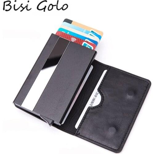 Bisi Goro Aluminum Box Card Holder Men and Women Magnetic Closing PU Leather New Smart Wallet Anti-theft RFID Blocking Card Case
