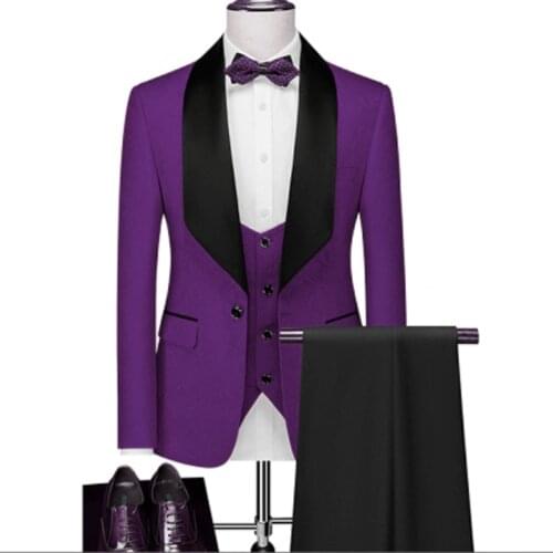 New Style Men Suits Purple Pattern and Black Groom Tuxedos Shawl Lapel Groomsmen Wedding Best Man ( Jacket+Pants+Vest+Tie ) D18