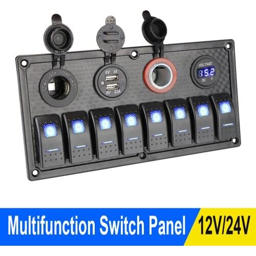 Digital Voltmeter 12V/24V Dual USB Cigarette Lighter Socket 8 Gang Switch Panel Multifunction Car Marine RV Circuit LED Breaker