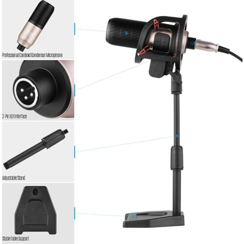 Muslady Professional Cardioid Condenser Microphone with Shock Mount Table Stand for Video Streaming Recording Broadcast