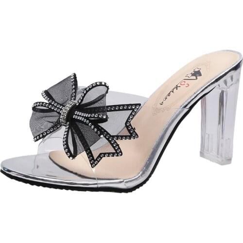 Womens Summer Sandals Open Toe Diamond Bow High Heeled Sandals Fashion Soft Bottom Anti Slip One Line Sandals Black Beige