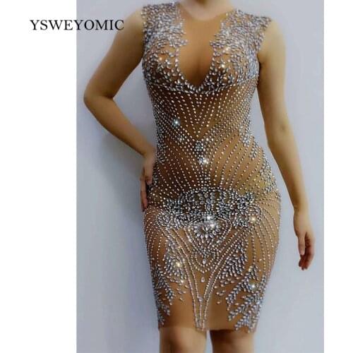 Nude Mesh Sexy Rhinestones Dress Birthday Celebrate Stretch Dress See Through Outfit Singer Prom Party Performance Short Dress