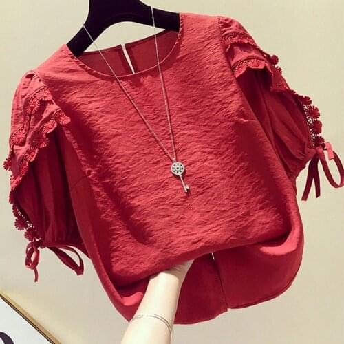 Puff sleeve top womens lace stitching Korean style loose and thin short-sleeved fashion 2021 new trend