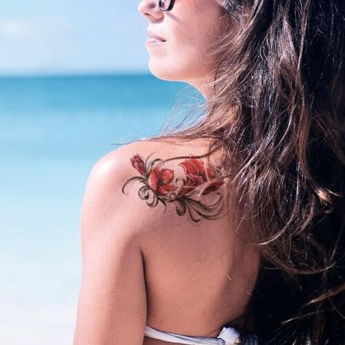 5Red Watercolor Rose Lily Flower Waterproof Tattoo Stickers Women Body Chest Art Temporary Tatto Girl Waist 3D Flowers Tatoo