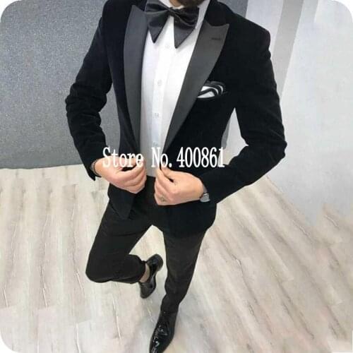 High Quality One Button Black Velvet Groom Tuxedos Peak Lapel Groomsmen Men Blazers Suits (Jacket+Pants+Tie) NO:403