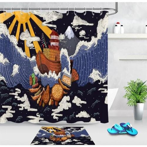 Cartoon Japanese Bath Shower Curtain Wooden Boat Food The Great Waves Sea Wave Pattern Waterproof Bathroom Curtain Or Floor Mat
