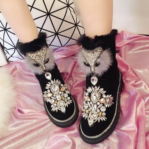Womens Ankle Boots Rhinestones Crystal Fur Fox Decor Diamond Bling Genuine Leather Flat Warm Snow Thick Winter Black Shoes C881