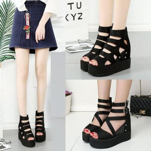 Summer New Style Roman Style Increased Hollow Wedge Heel Thick Bottom Black Sexy Ladies Fish Mouth Sandals