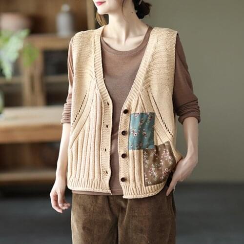 Johnature Women Hollow Out Knitted Vest V-neck Sleeveless Vintage Button Patch Solid Color Cardigan 2021 Autumn New Loose Vest