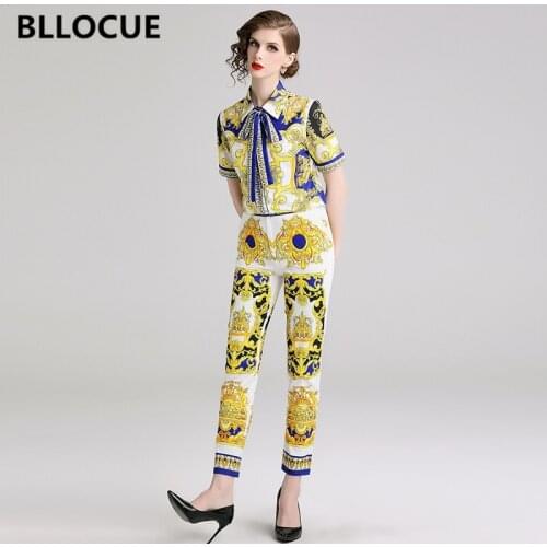 BLLOCUE High Quality 2019 Fashion Designer Runway Suit Set Womens Short Sleeve Bow Vintage Print Tops + Pants Two Piece Set