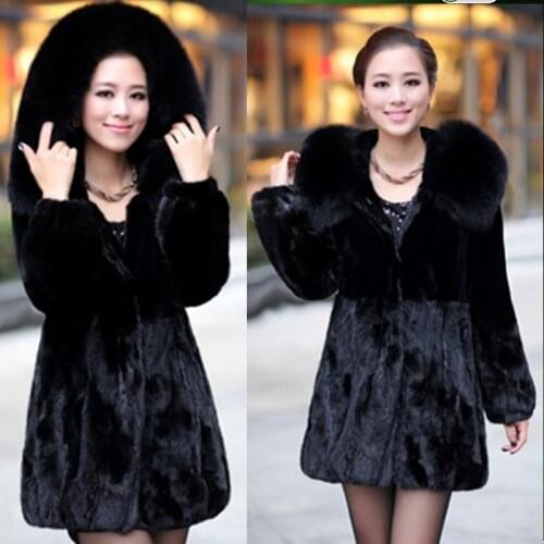 Womens Faux Fur Coat Fox Fur Collar Medium-long Hooded Thicken Fur Coats Overcoat