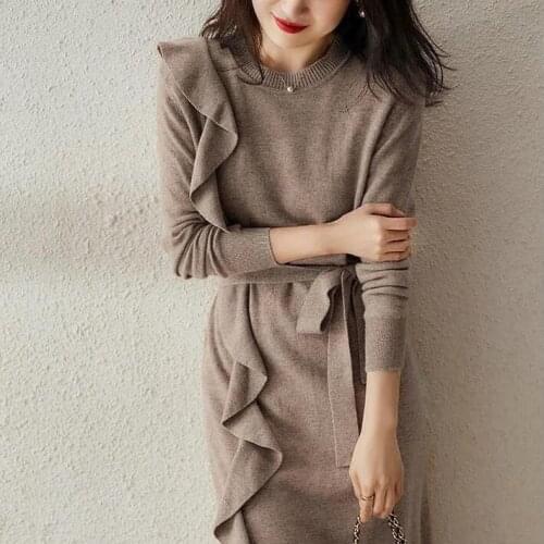 2021 Spring Fall Women Ruffles Full Sleeve Knit Sweater Dress , Korean Casual 3xl Knitting Sweaters Dresses for Woman