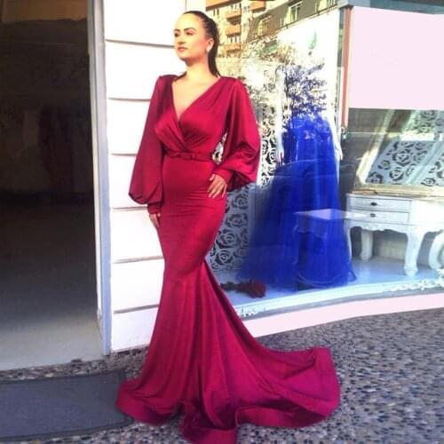 Sexy Evening Dresses Mermaid Deep V-neck Long Sleeves Dubai Saudi Arabia Long Prom Dress Gown Robe De Soiree