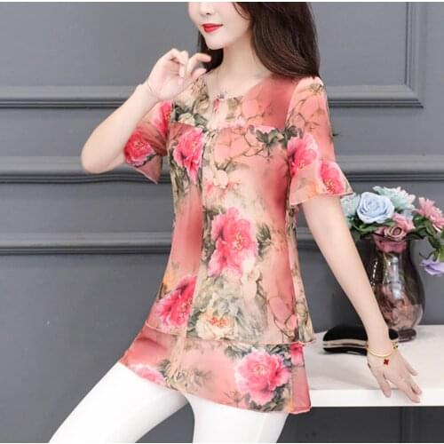 2021 summer style Female Tops ladies floral tShirts New Fashion Chiffon Women Casual short Sleeve White Blusas Chemisier Femme