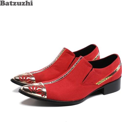 Batzuzhi New Designer Mens Shoes Pointed Metal Toe Genuine Leather Dress Shoes Men Red Formal Business/ Party and Wedding Shoes