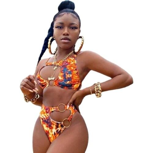 African Style Bikini Bathing Suit Sexy Cut Out Swimwear Chain Ring Swimming Suit for Women Two Piece Swimsuit Floral Biquini