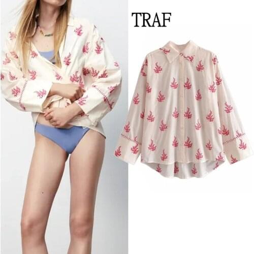 TRAF Za Woman 2021 Blouses Embroidery Button Up Shirt Women Cotton Long Sleeve Top Woman Elegant Blouse Chic Tops Loose Blusas