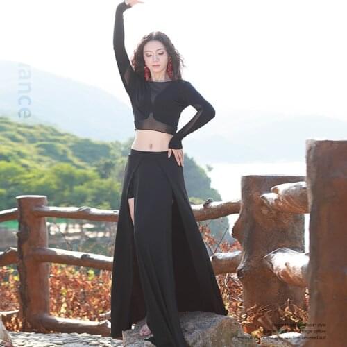 Black Belly Dance Costume Women Long Sleeved Sexy Split Skirt Costume For Oriental Dances Training Suit For Belly Dance DWY3044