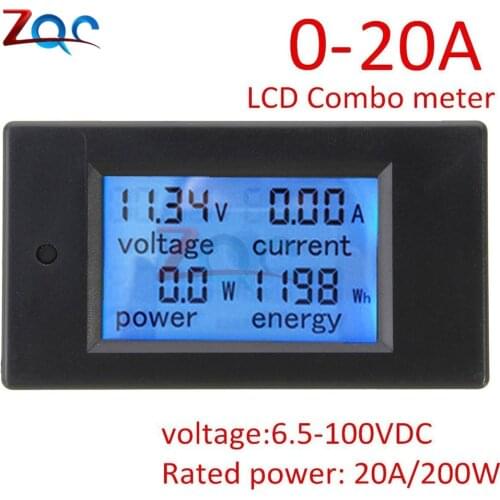 Digital LCD Display Voltmeter Ammeter Wattmeter Power Meter DC 6.5 -100V 0 -20A 0 -20000W Voltage Current Power Energy Tester