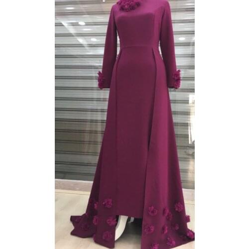 Grey Long Sleeve Muslim Evening Dress 2021 High Neck A Line Arabic Kaftan 3D Flowers Long Formal Party Gowns Robe De Soire