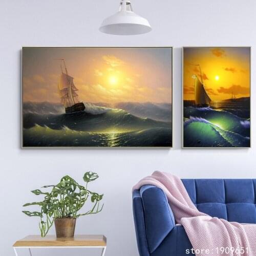Cotton no frame classical waves sea sunrise scenery canvas printings oil painting printed on cotton wall art decoration picture