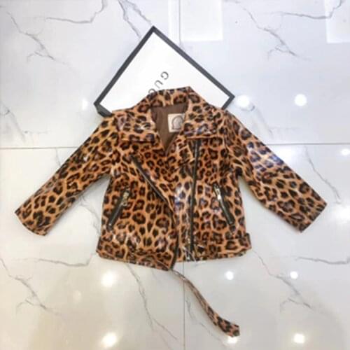 Girls' Leopard Leather Coat Thickened In Autumn And Winter ChildrenS PU Motorcycle Clothes ChildrenS Lapel Leather Coat
