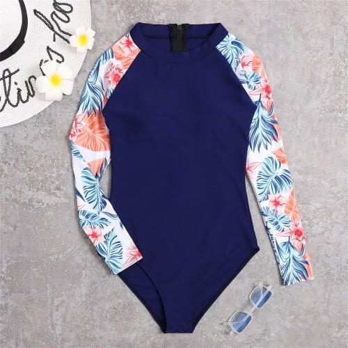 Sexy WomenS Solid Color Printing Stitching Raglan Long-Sleeved Bikini OnePiece Tight-Fitting Zipper Round Neck Wetsuit Swimsuit