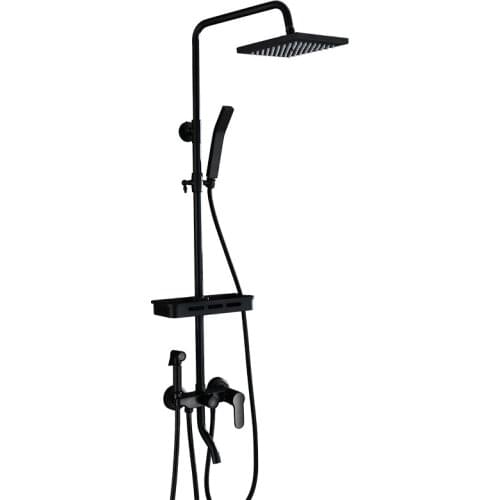 Matte Black Rainfall Shower Faucet Set Single Lever Bathtub Shower Mixer Faucet & Storage Shelf Shower Mixer Water Tap