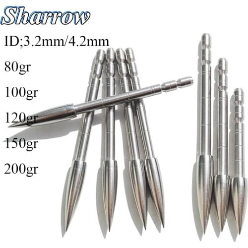 Archery Target Arrowhead ID3.2/4.2mm Point Arrow Field Tips 80/100/120/150/200Grain Stainless Steel for Carbon Arrow Shaft