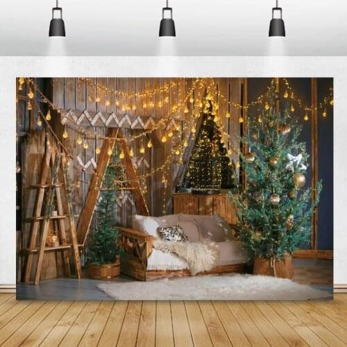 New Year Interior Sofa Wooden Frame Shiny Light Bulbs Christmas Tree Scene Family Party Photography Background Photo Backdrop
