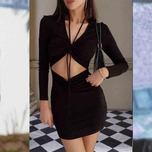 Cut Out Shirring Sexy Mini Dress Long Sleeve Hollow Out Bodycon Dress Women Party Night Club Outfits Holiday Dresses 2021