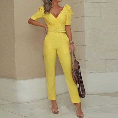 Puff Short Sleeve Straight Women Jumpsuit Belt Sexy Deep V-neck Solid Elegant Female Jumpsuits 2021 Summer Fashion Lady Rompers