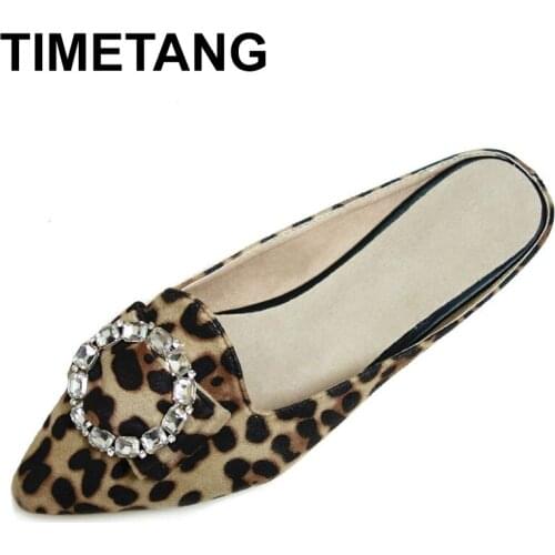 TIMETANGFlat Heel Slippers Women Black Color Autumn Ladies Shoes With Big SizeFashion Crystal Outdoor Slippers Leopard ShoesE862