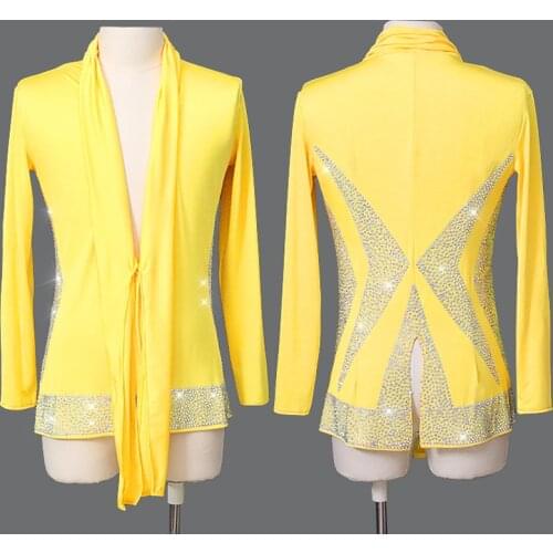 Latin Dance Top Male Dance Costume Yellow Top Adult Dance Long Sleeve Rhinestone New Ballroom Competitive Shirt Men Latin Top