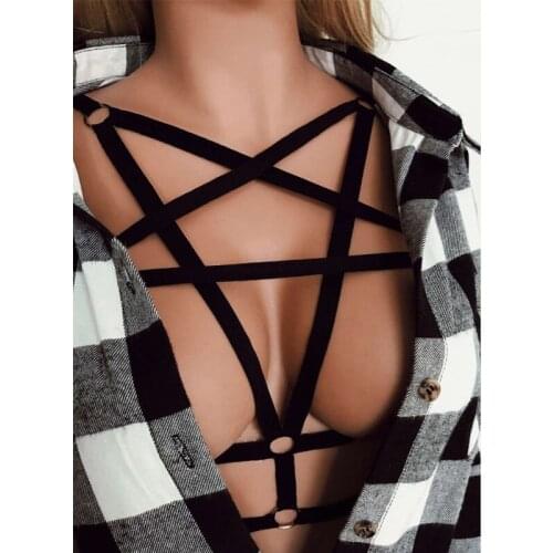 Sexy Bandage Lingerie Five-pointed Star Cross Strap Bra Halter V-Neck Hollow Harness Bustier Elastic Cupless Bra For Women